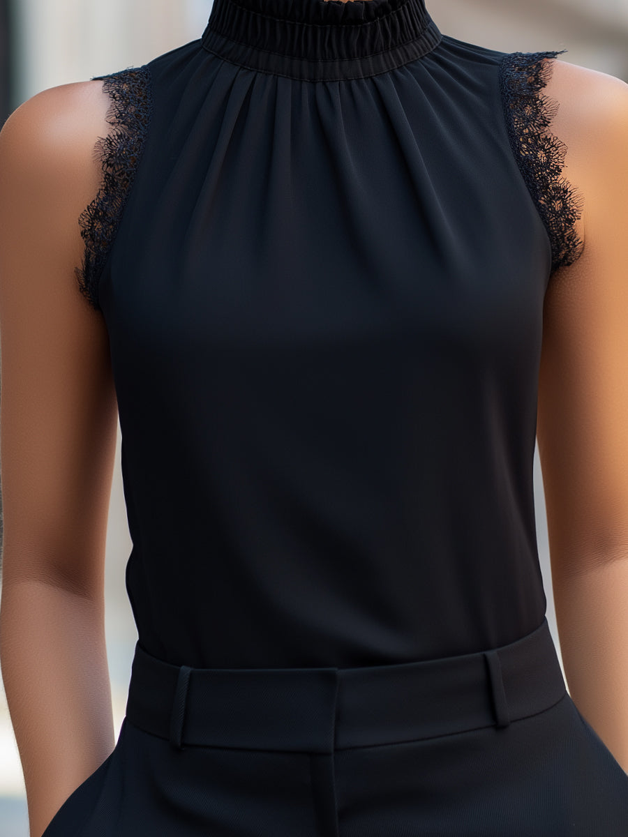 Mock Neck Lace-Edged Sleeveless Top