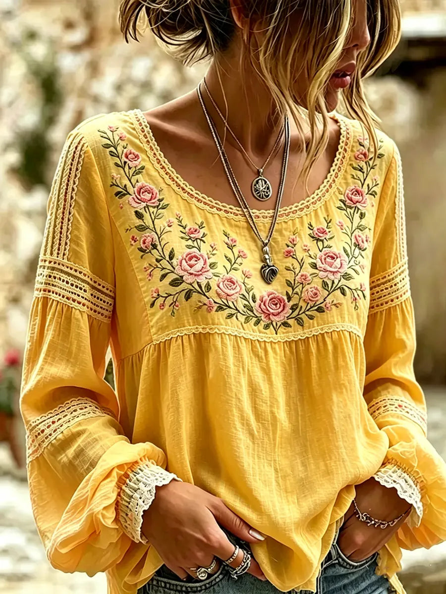 Mireille | Linen Blouse with Rose Embroidery, Square Neck & Lace Inserts
