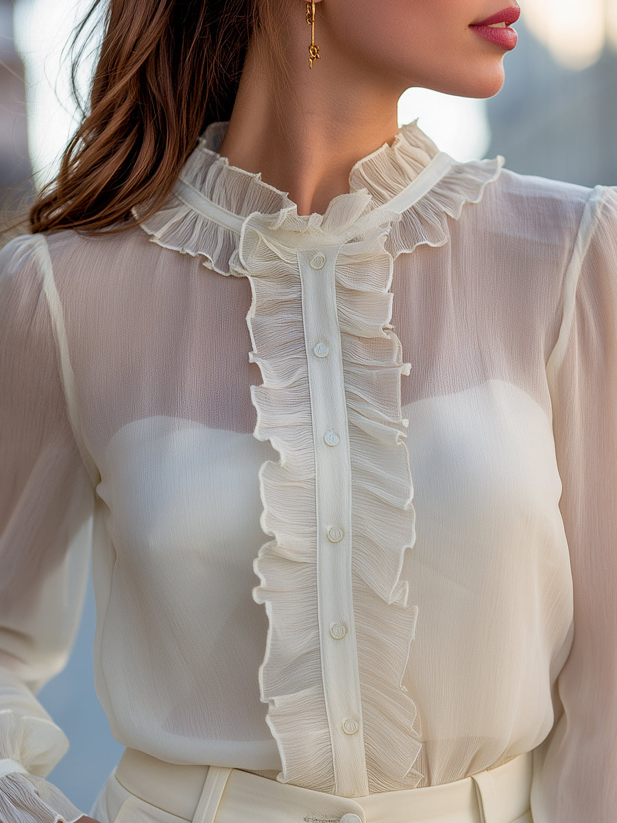 Frilled Lightweight High-Neck Georgette Top