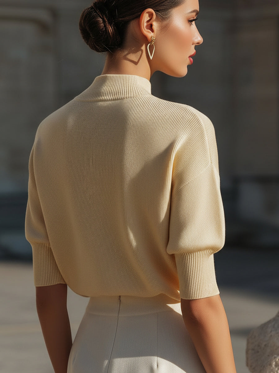Textured High-Collar Short-Sleeve Knit Blouse