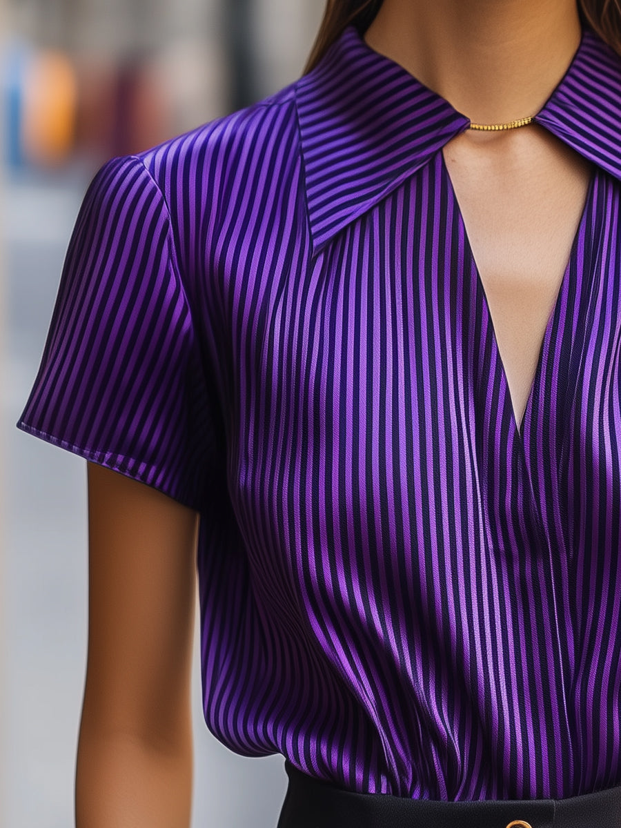 Silk Stripe Short-Sleeve Shiny Top with Oversized Collar
