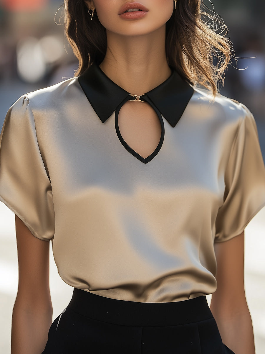Two-Tone Collar Silk Keyhole Top