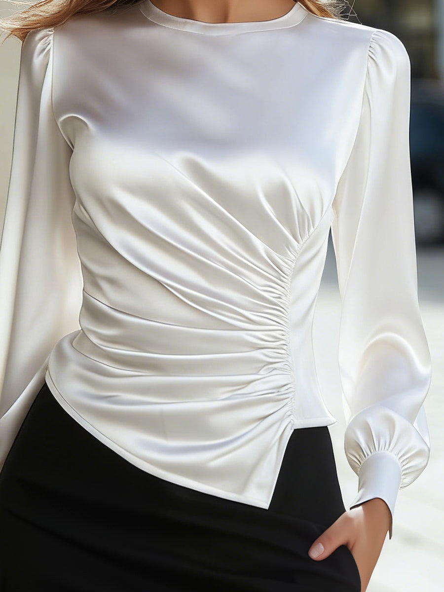 Gathered Waist Silk Long-Sleeve Top