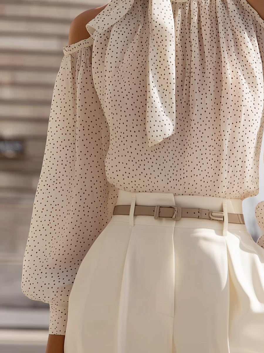 Floral Print Cold-Shoulder Silk Blouse With Bow Detail