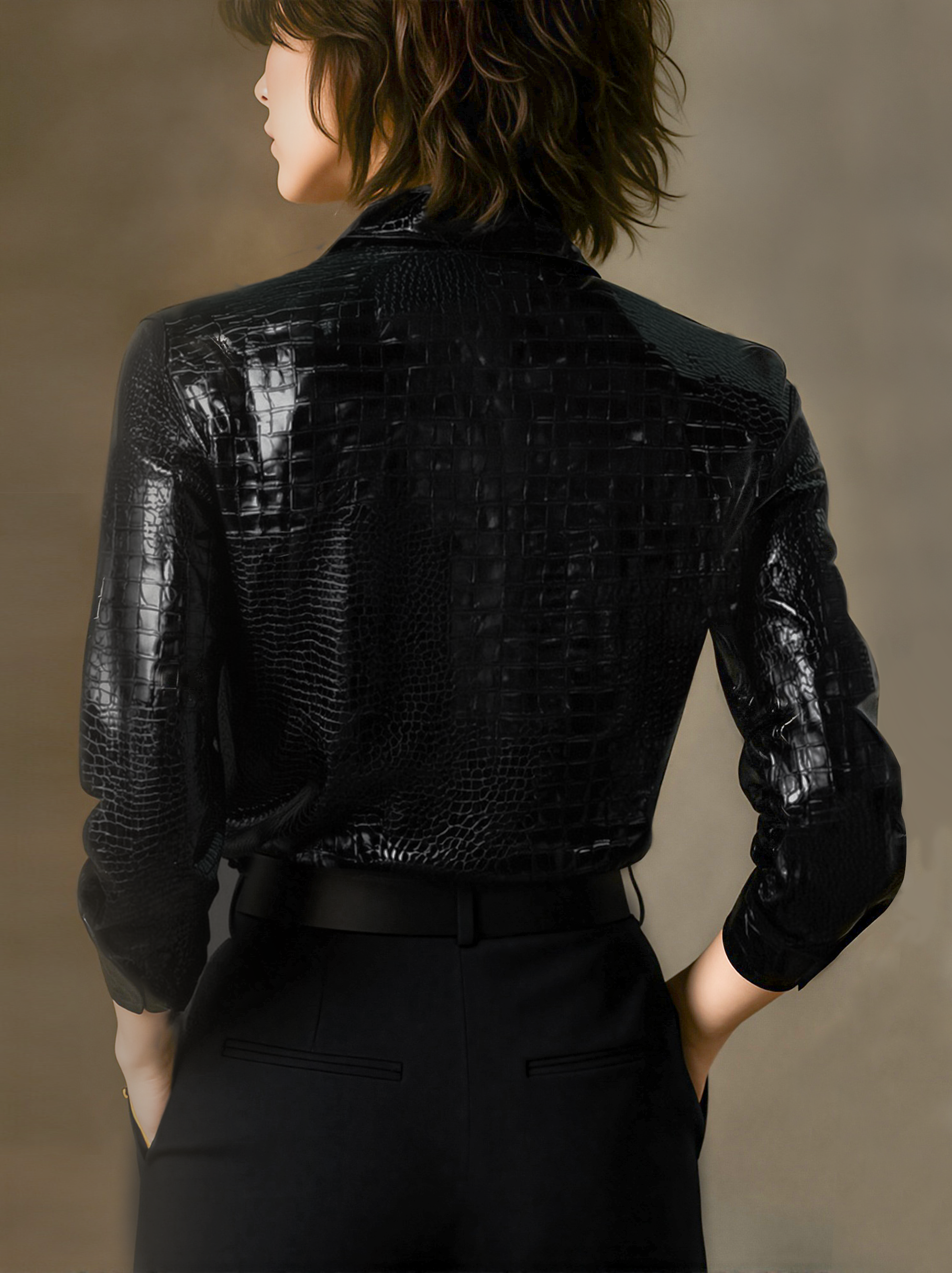 Shiny Black Alligator Patterned Blouse
