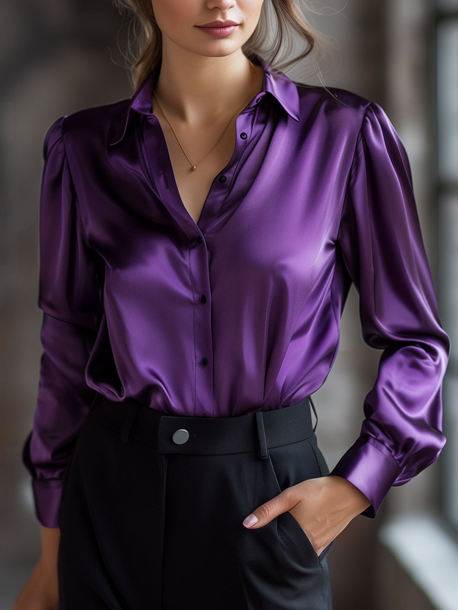 Chic Navy Silk Long Sleeves Top