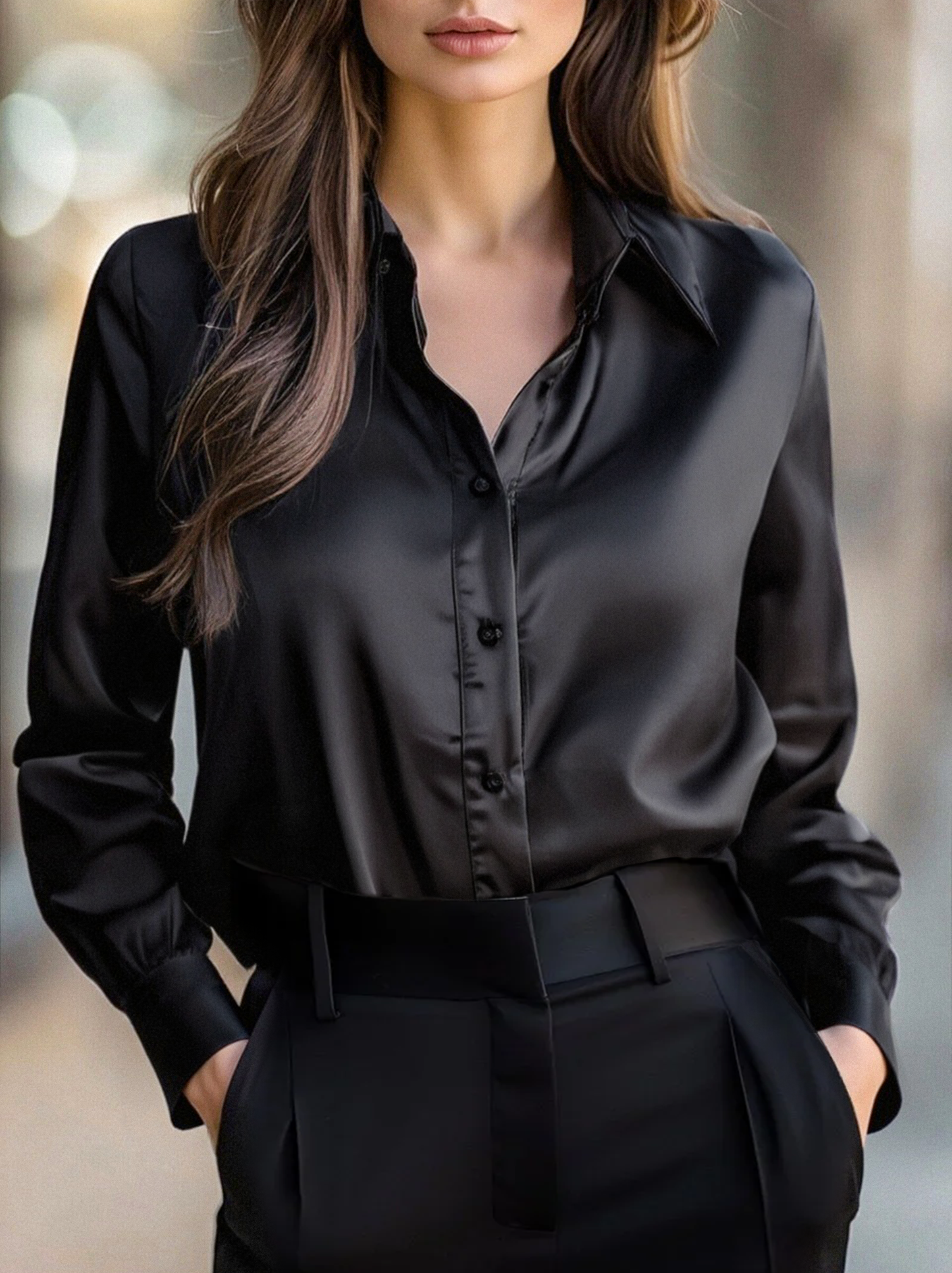 Chic Navy Silk Long Sleeves Top