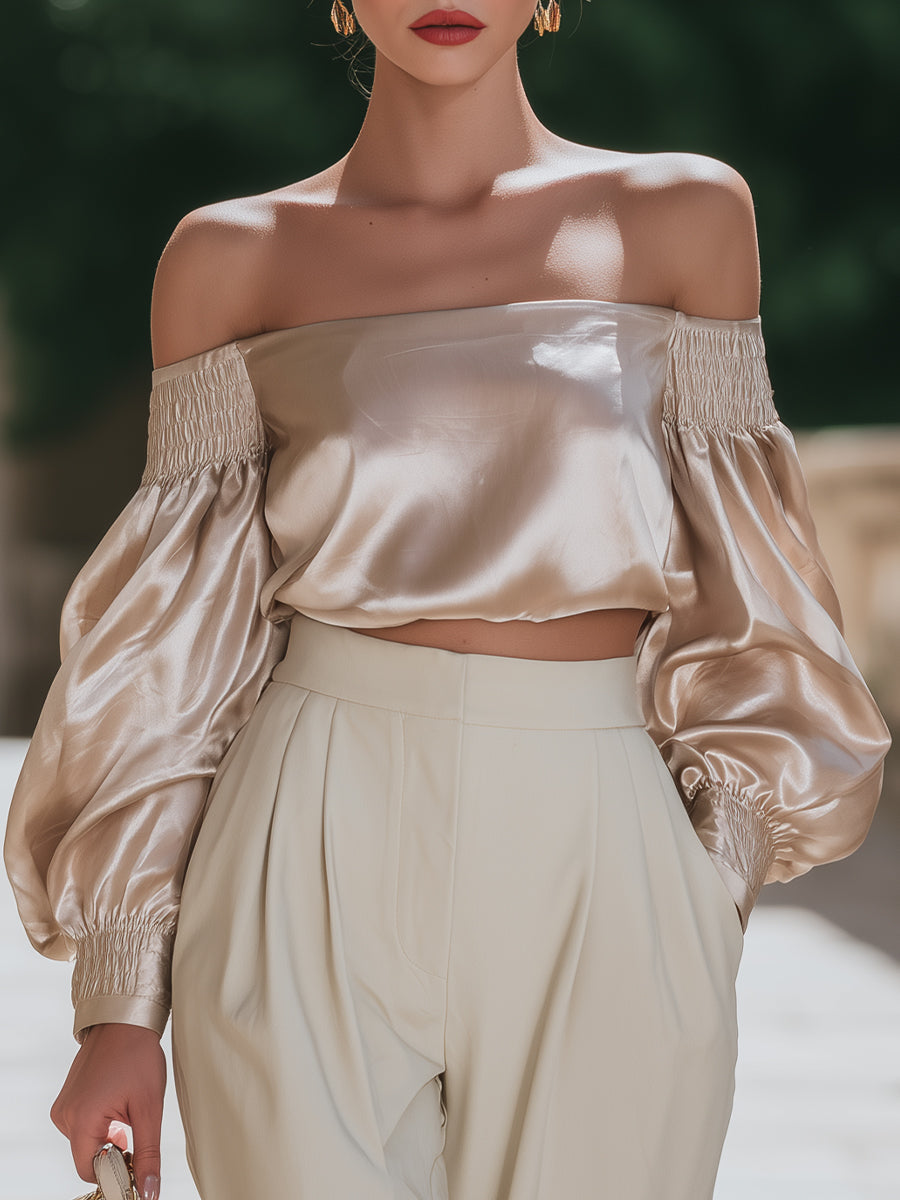 Chiffon-Texture One-Shoulder Top With Ruffled Cuffs