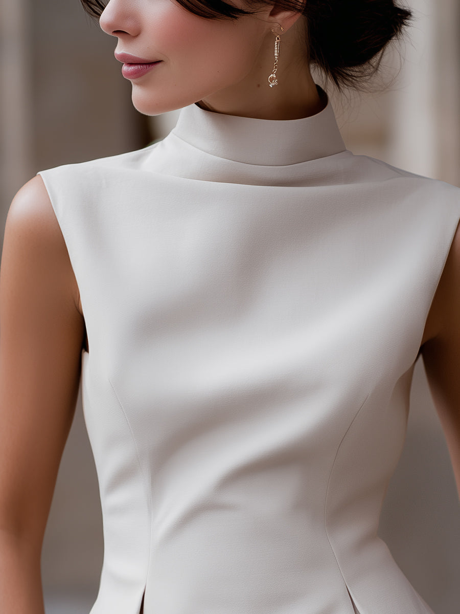 Cap Sleeve Mock Neck A-Line Cut Structured Top