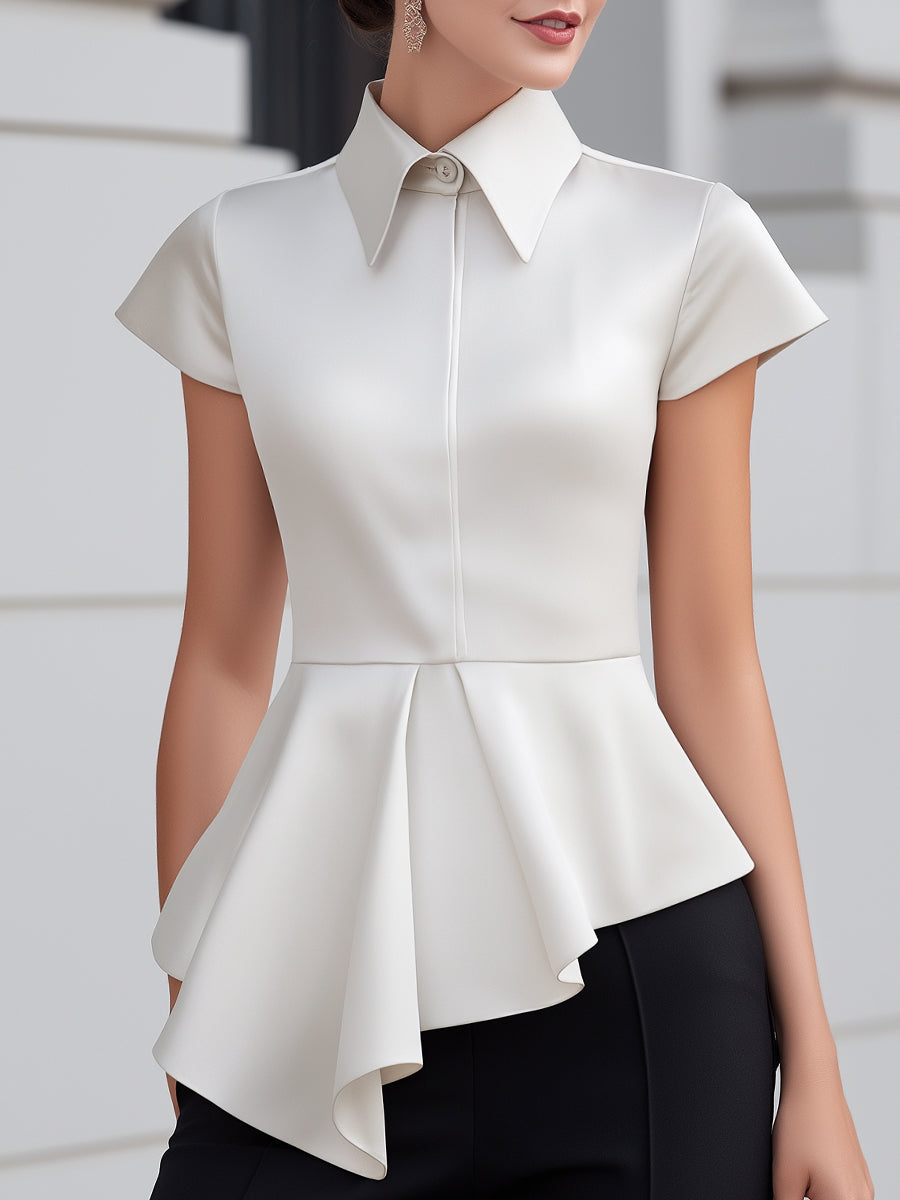 Short-Sleeve Silk Tailored Peplum Top