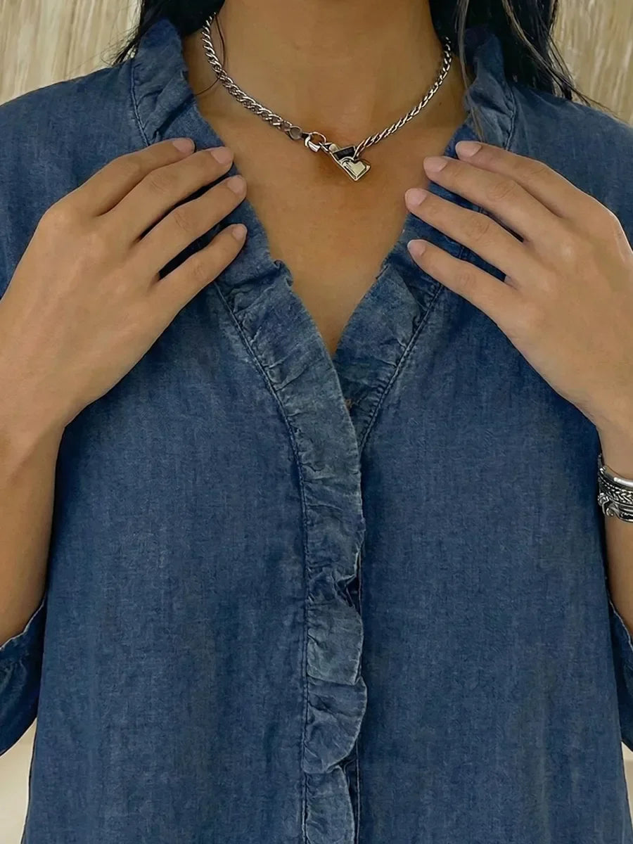 Clara | Frilled Chambray Top