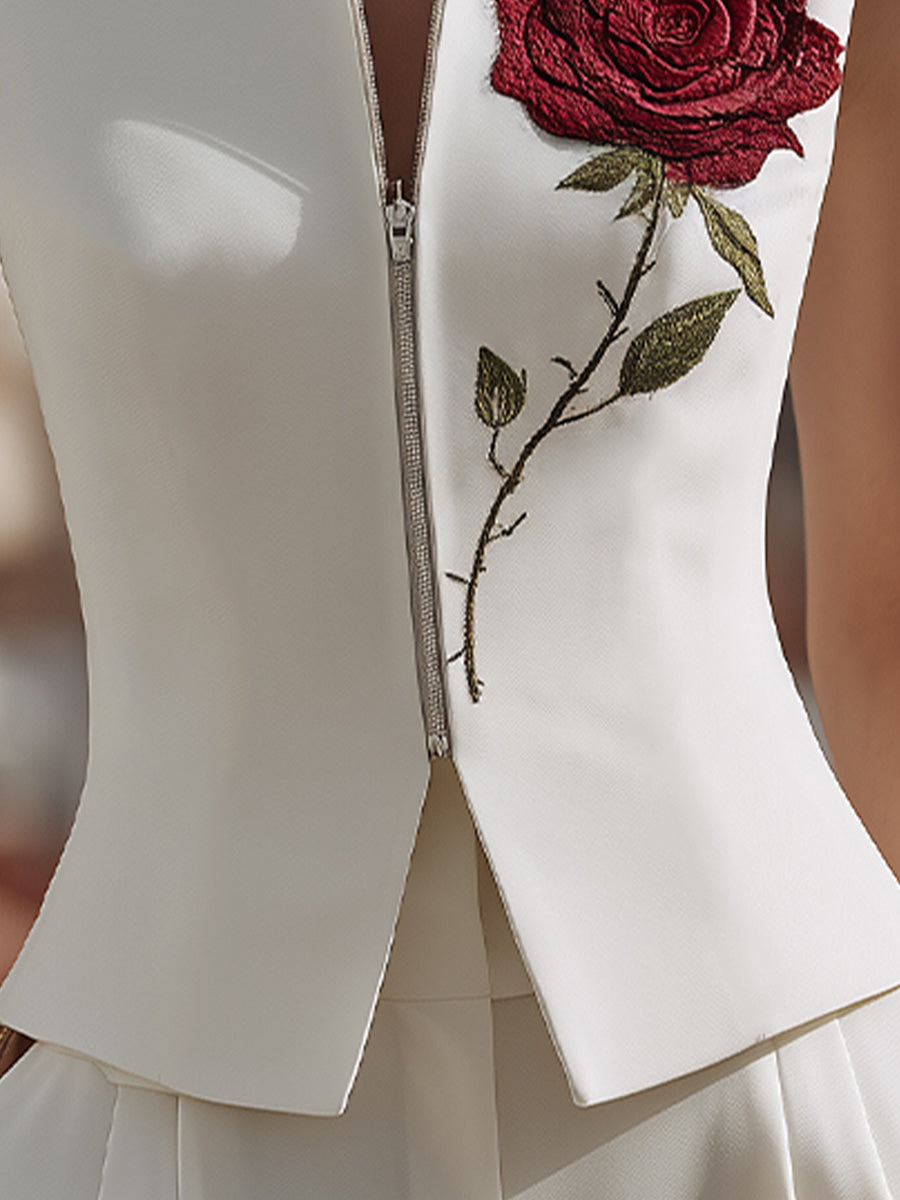 Floral Embroidered Sleeveless Zip-Front Jacket