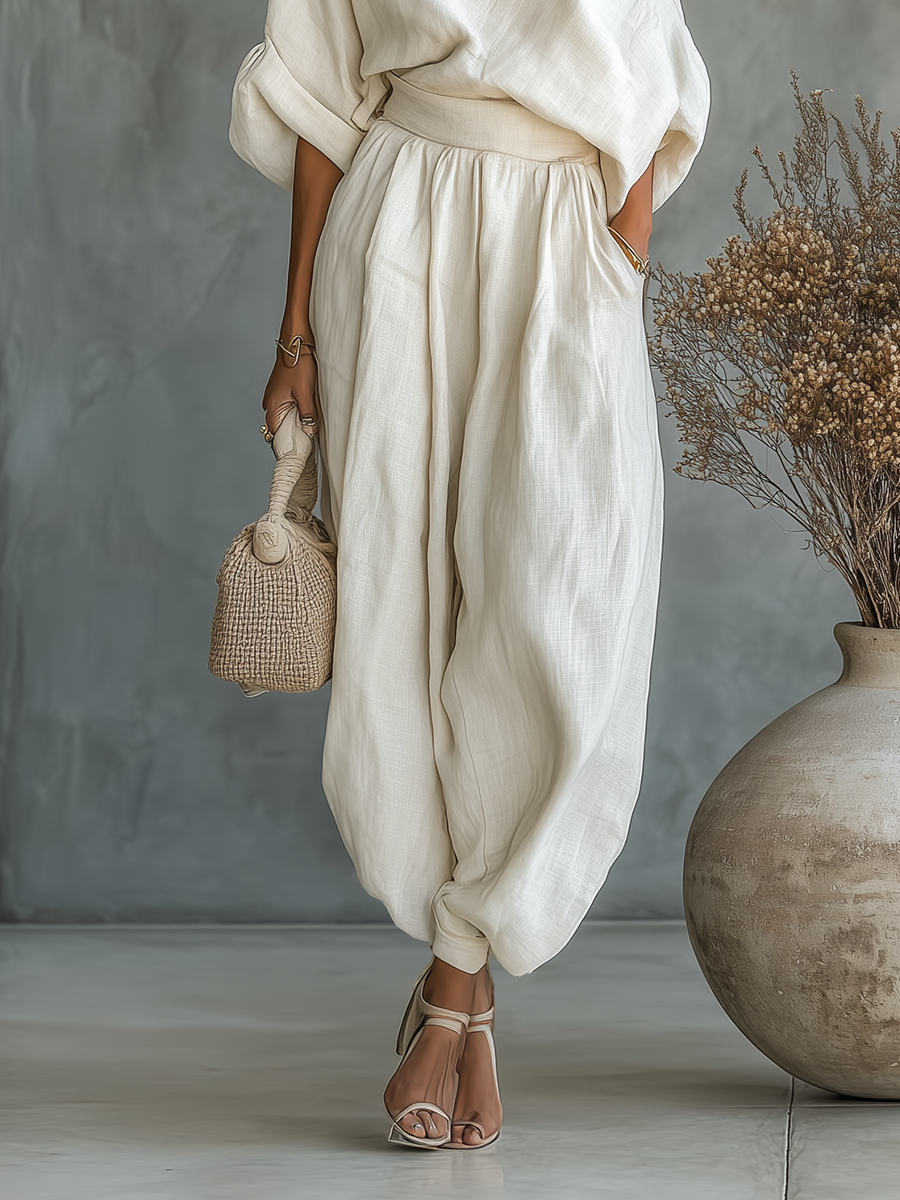 Women's Beige Ensemble featuring Off-Shoulder Blouse and Slim-Fit Trousers