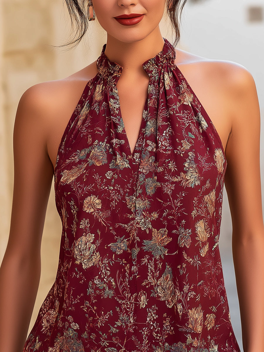 Halter-Neck Floral Pattern Top Featuring Keyhole Accent