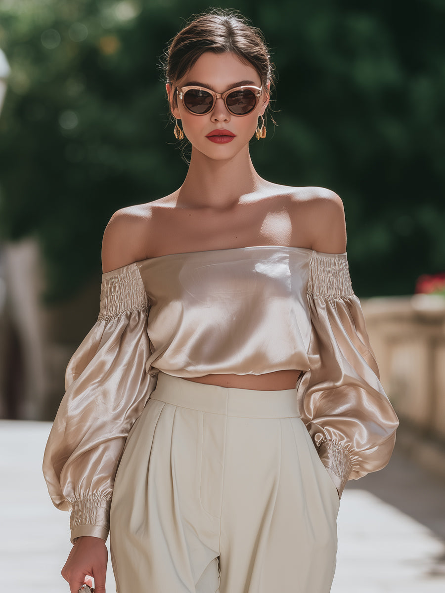 Chiffon-Texture One-Shoulder Top With Ruffled Cuffs
