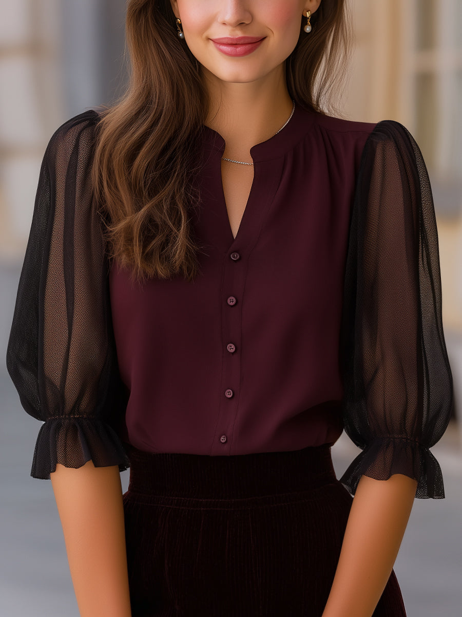 Lightweight Ruffled Sleeve Button-Down Top