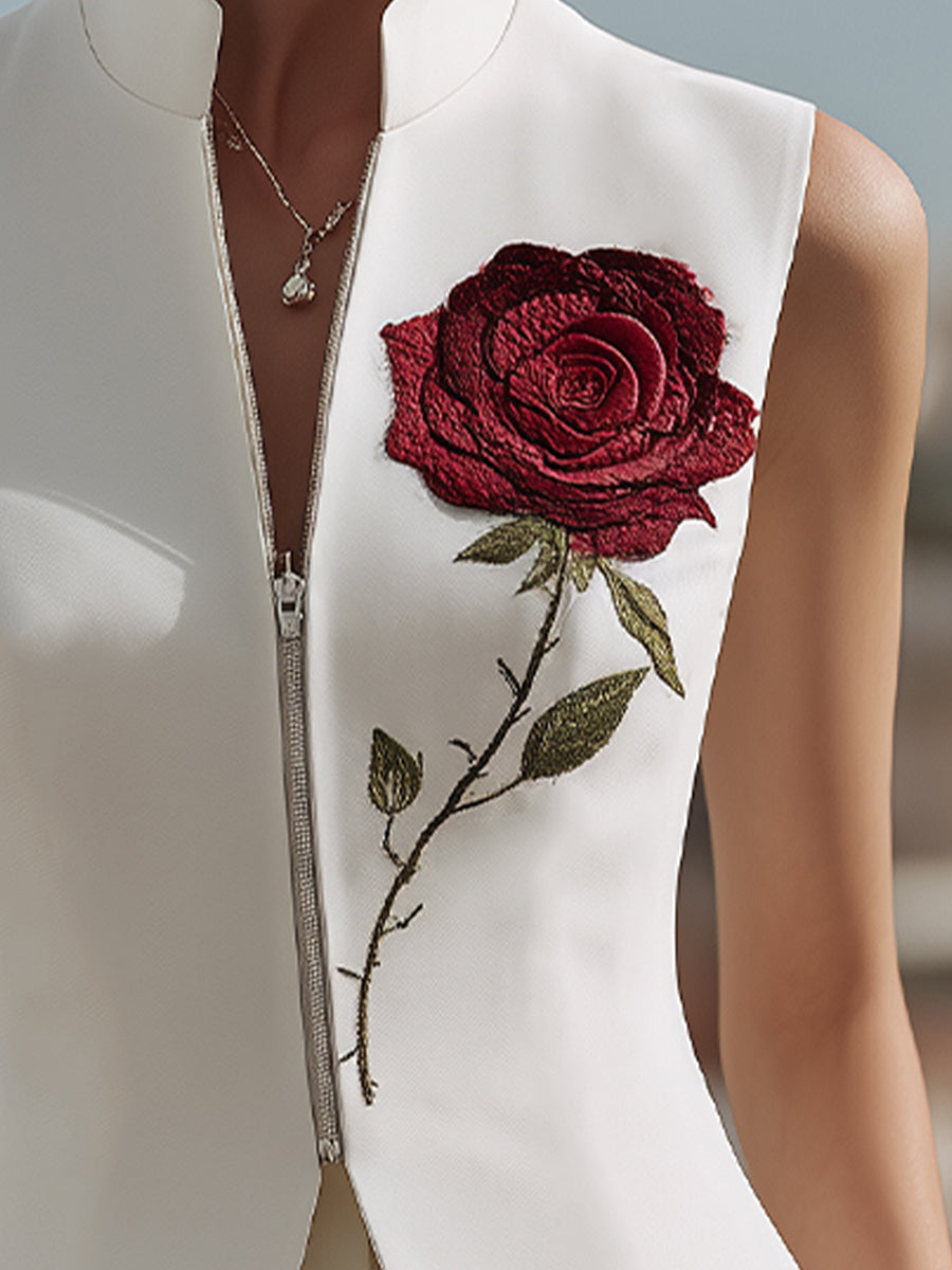 Floral Embroidered Sleeveless Zip-Front Jacket