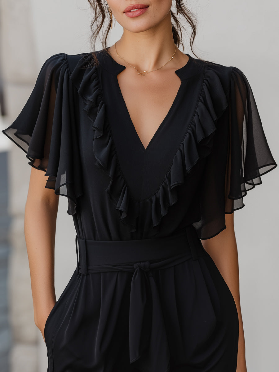 V-Neck Ruffled Silk Cap Sleeve Top