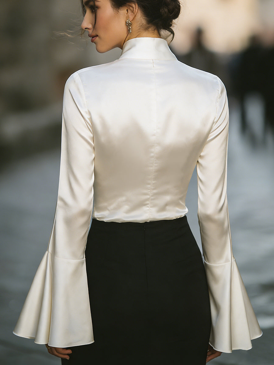 Retro-Style Ruffled-Sleeve Silk Top