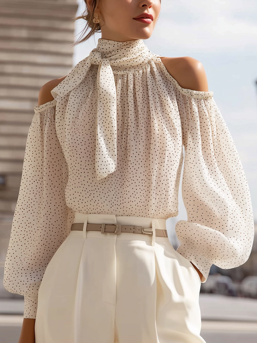 Floral Print Cold-Shoulder Silk Blouse With Bow Detail