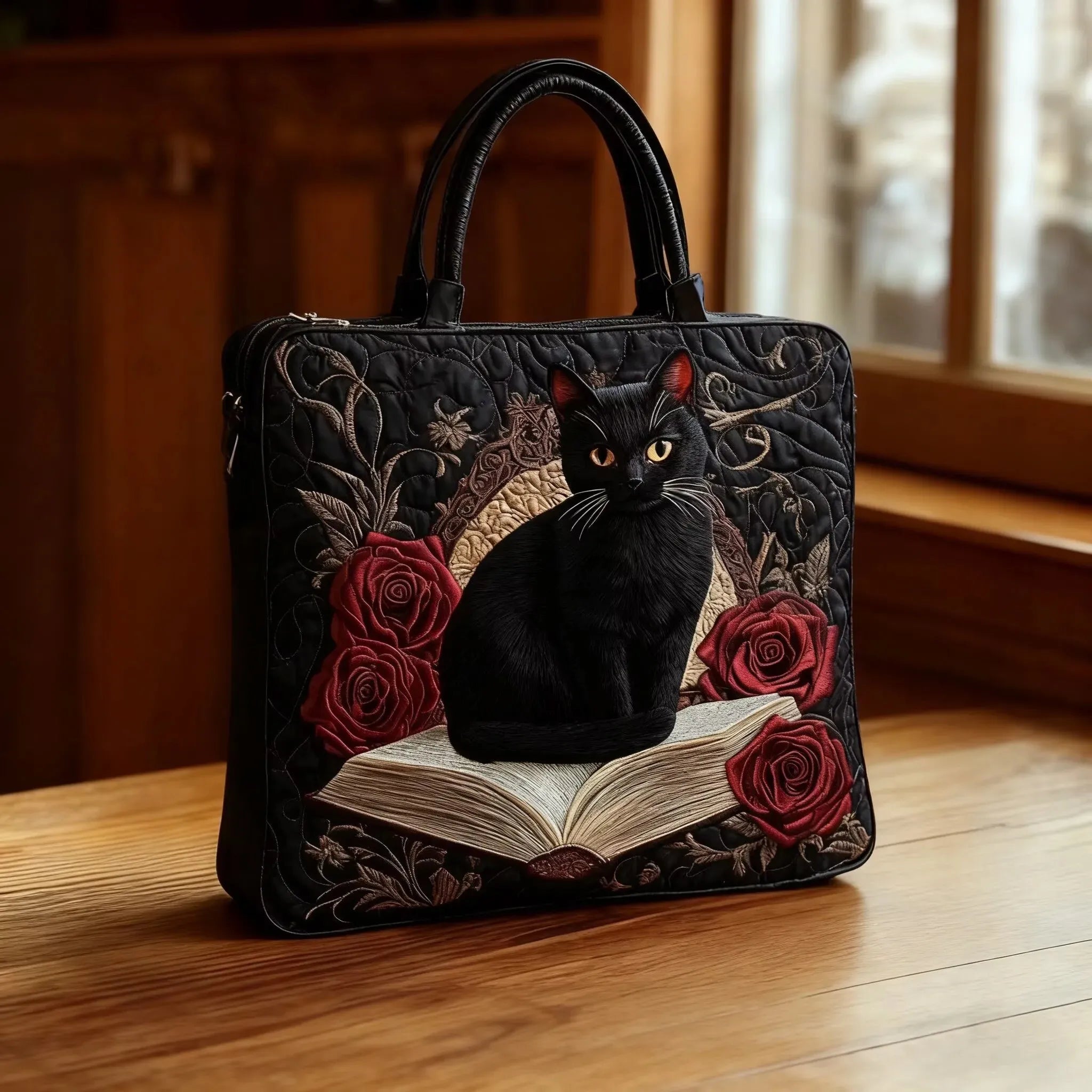 Quilted tote bag - Black cat on books (quilted)