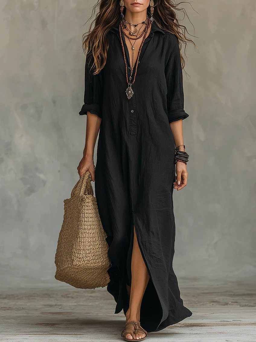 Soline™ | Flowing Navy Blue Maxi Dress with Pockets