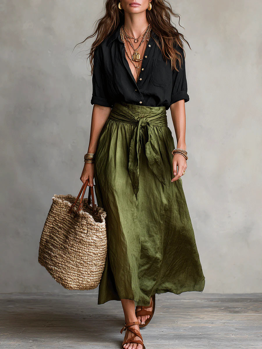 Vera™ | Two-Piece Set: White Blouse and Navy Blue Maxi Skirt