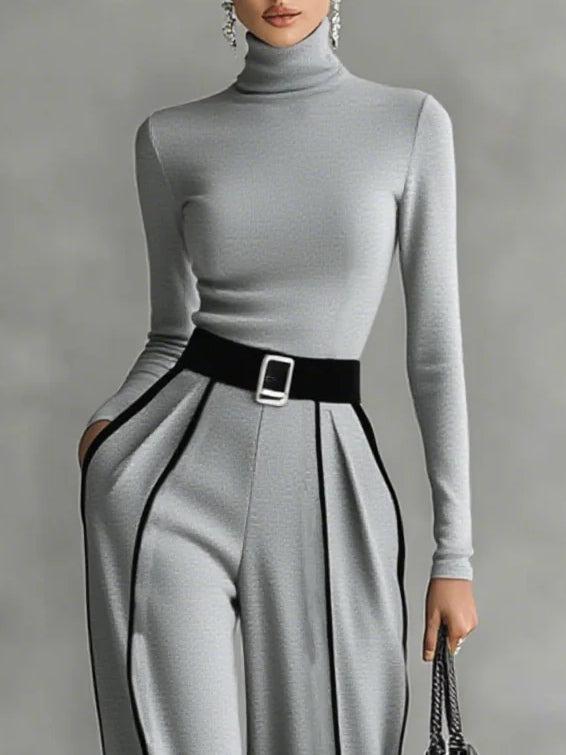 Solana - Long Sleeve Mock Neck Top and Flared Trousers Set with Waist Tie