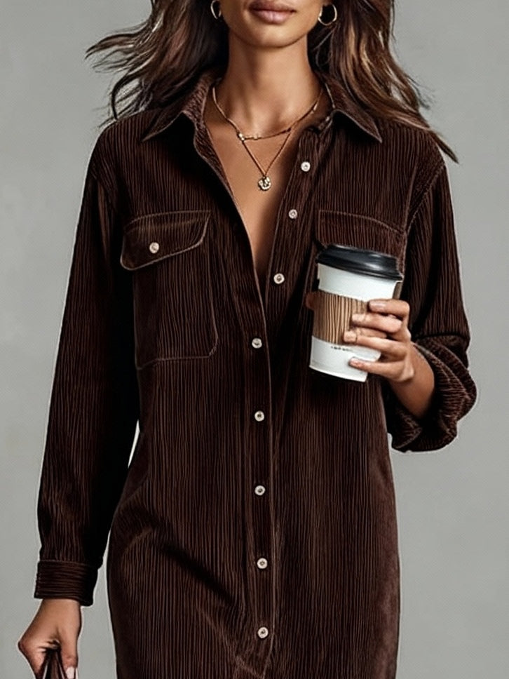 Jessy - Relaxed Fit Corduroy Double Pocket Button-Up Midi Dress