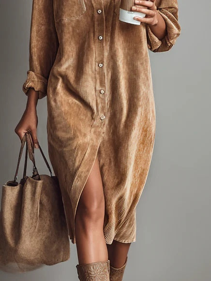 Jessy - Relaxed Fit Corduroy Double Pocket Button-Up Midi Dress