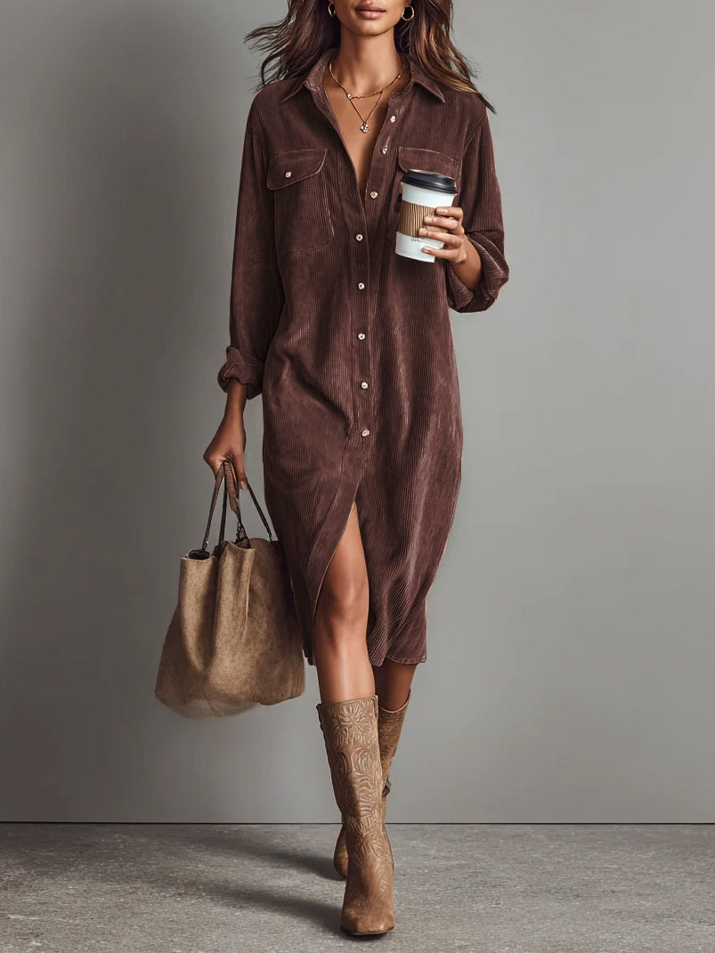 Jessy - Relaxed Fit Corduroy Double Pocket Button-Up Midi Dress
