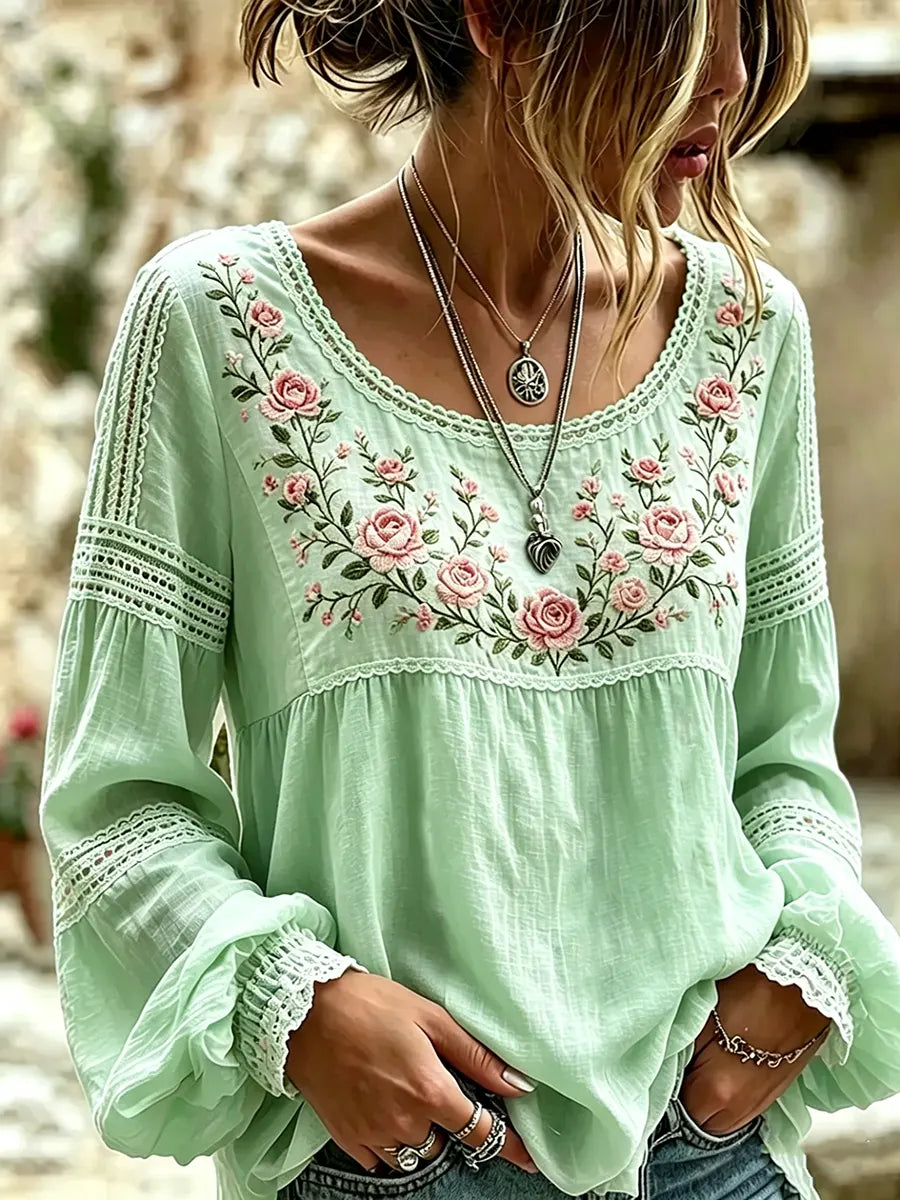 Mireille | Linen Blouse with Rose Embroidery, Square Neck & Lace Inserts