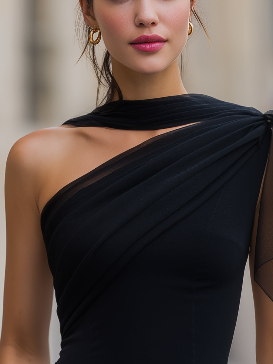 One-Shoulder Silk-Panel Gathered Top Blouse