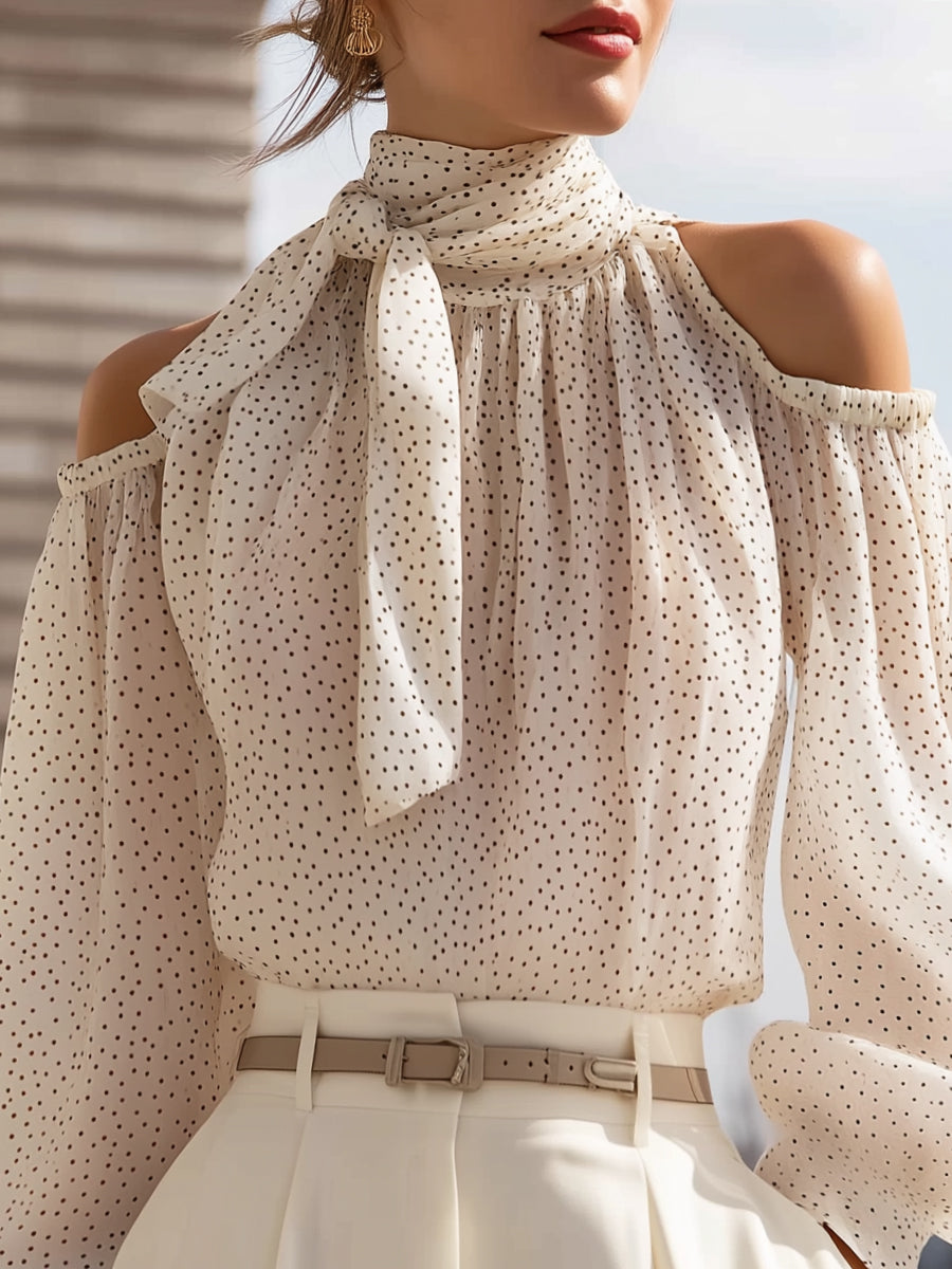 Floral Print Cold-Shoulder Silk Blouse With Bow Detail