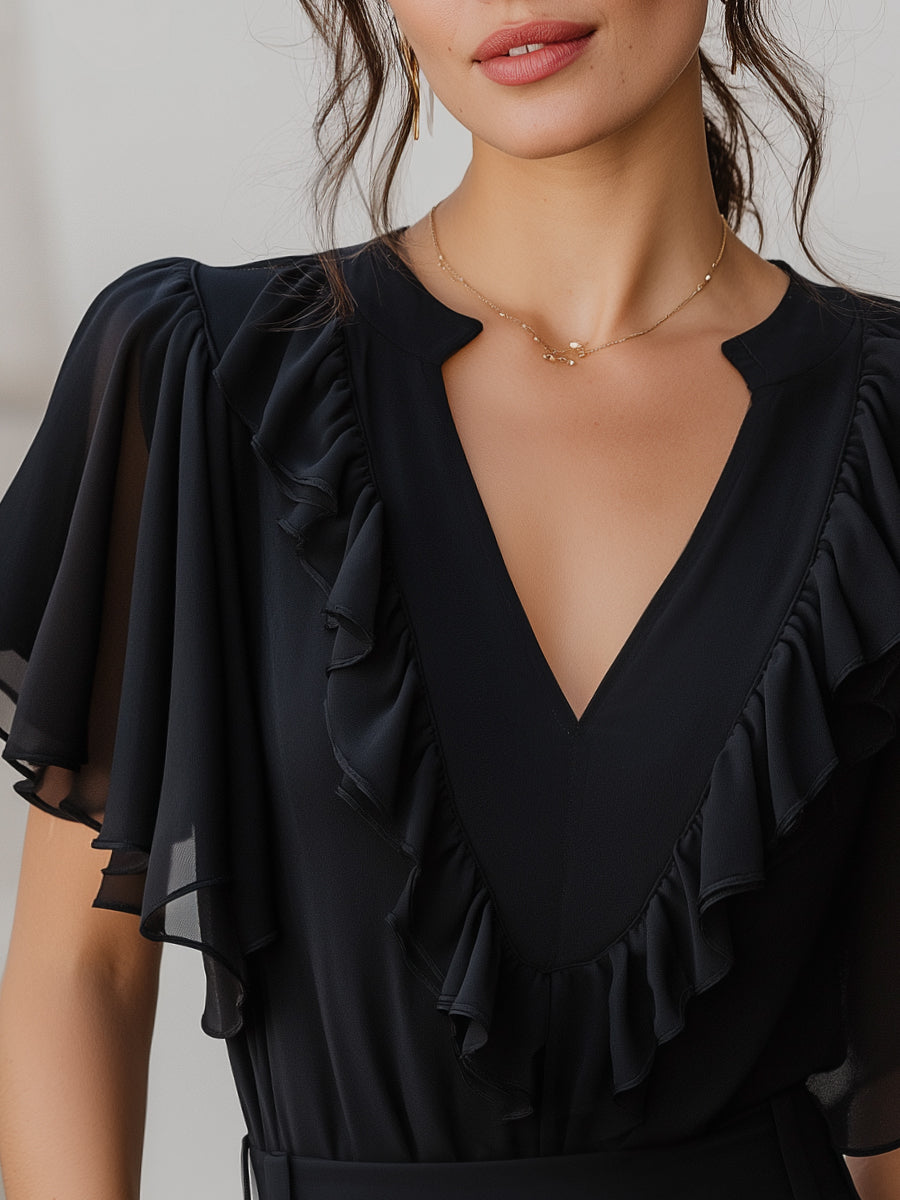 V-Neck Ruffled Silk Cap Sleeve Top