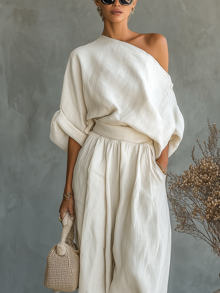Women's Beige Ensemble featuring Off-Shoulder Blouse and Slim-Fit Trousers