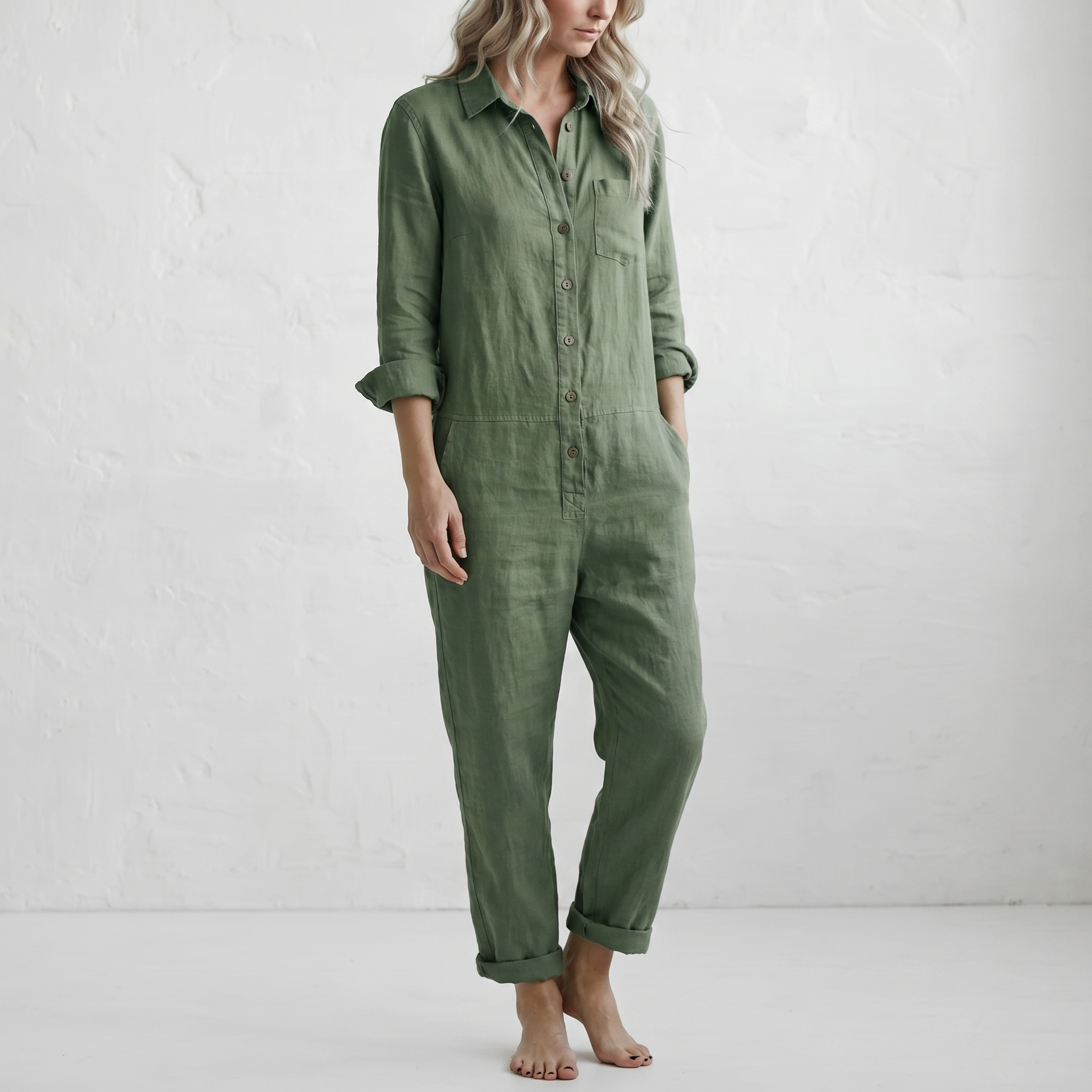 LooseStitch™ | Women's Long Sleeve Button-Down Jumpsuit