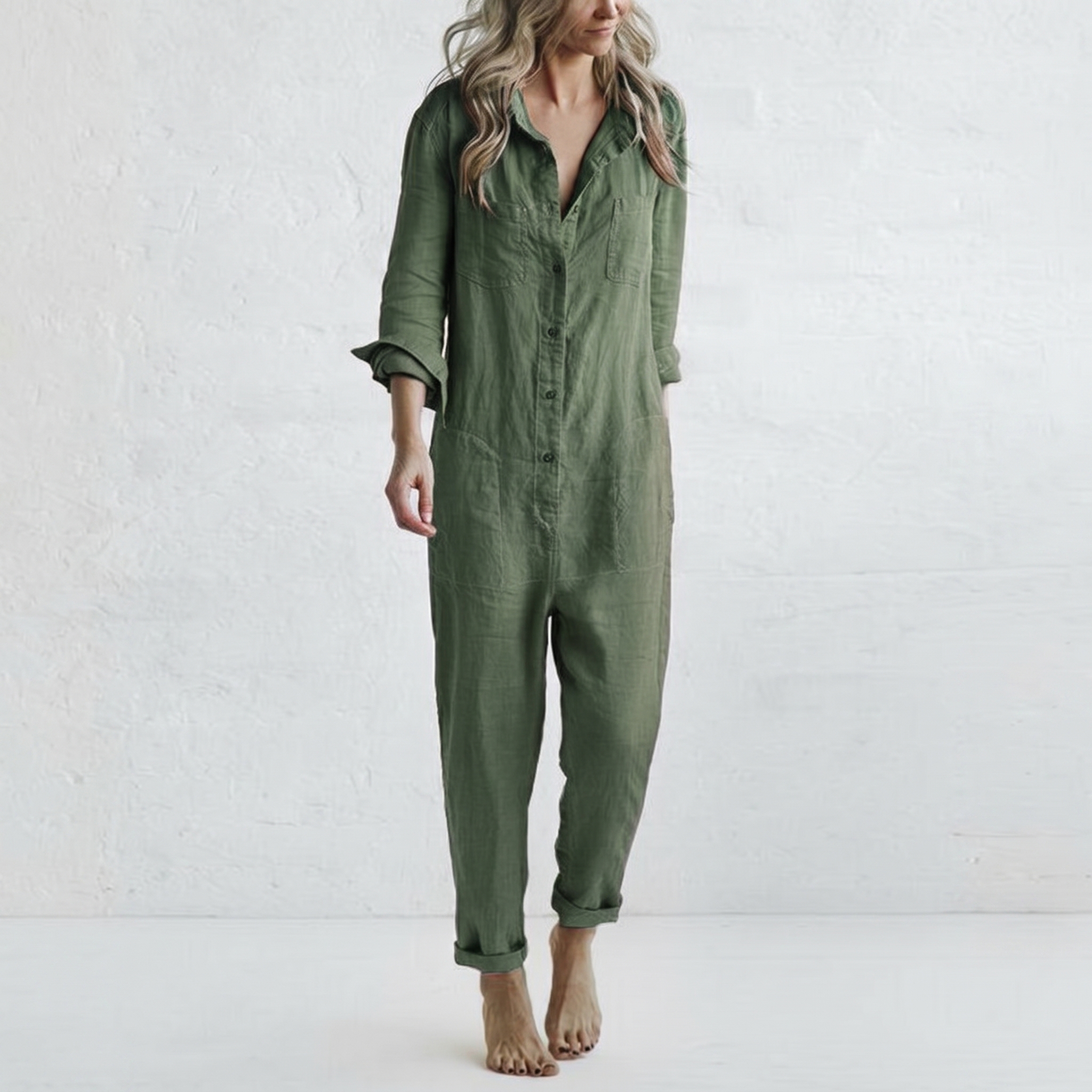 LooseStitch™ | Women's Long Sleeve Button-Down Jumpsuit