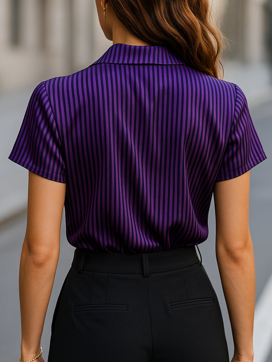 Silk Stripe Short-Sleeve Shiny Top with Oversized Collar
