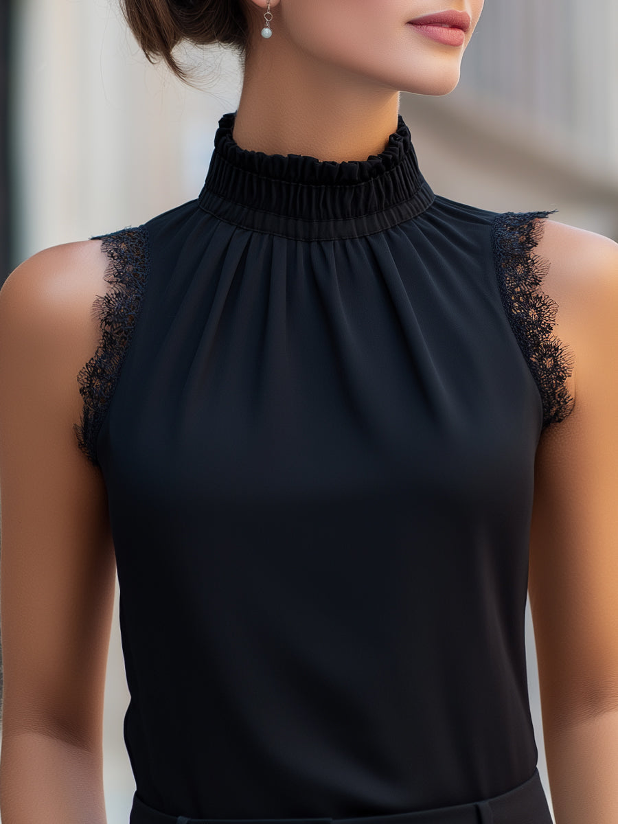 Mock Neck Lace-Edged Sleeveless Top