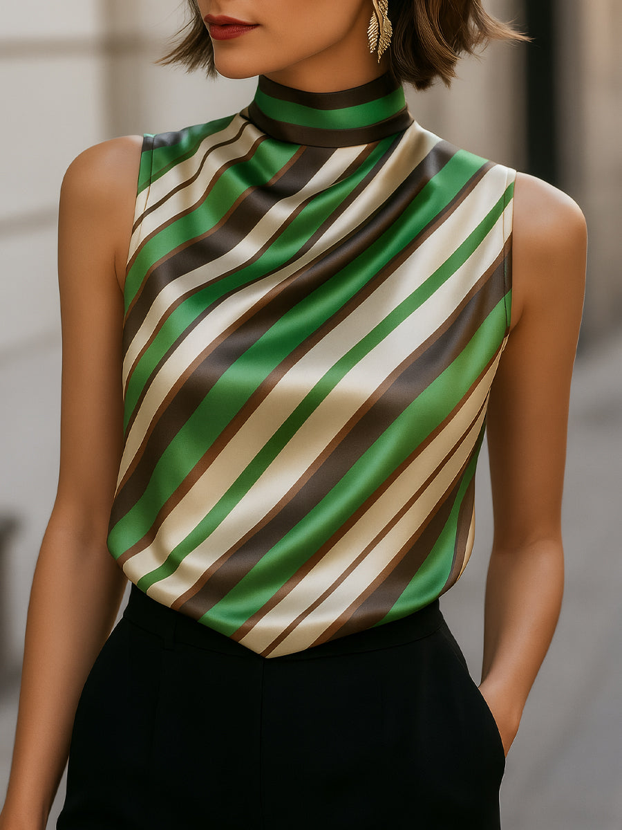 Polka Dot Silk High-Neck Sleeveless Top