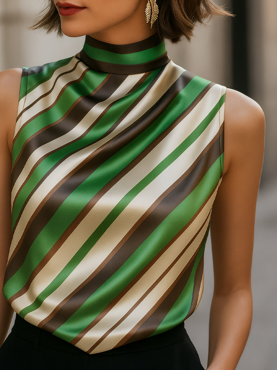 Polka Dot Silk High-Neck Sleeveless Top