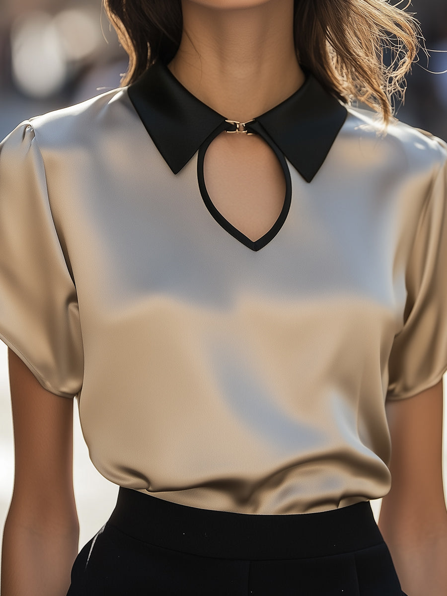 Two-Tone Collar Silk Keyhole Top