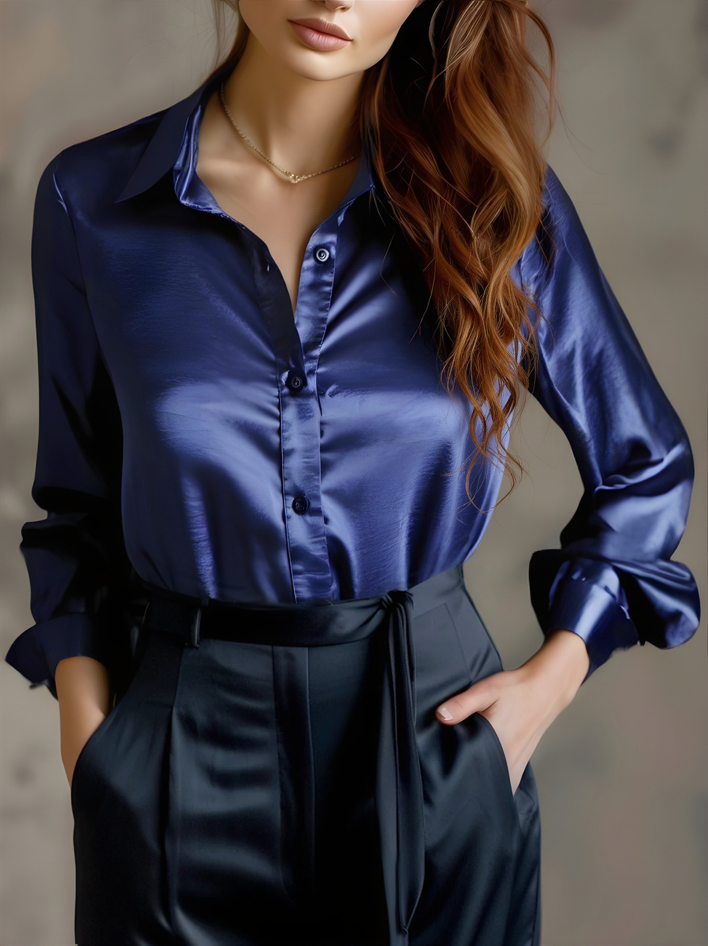 Chic Navy Silk Long Sleeves Top