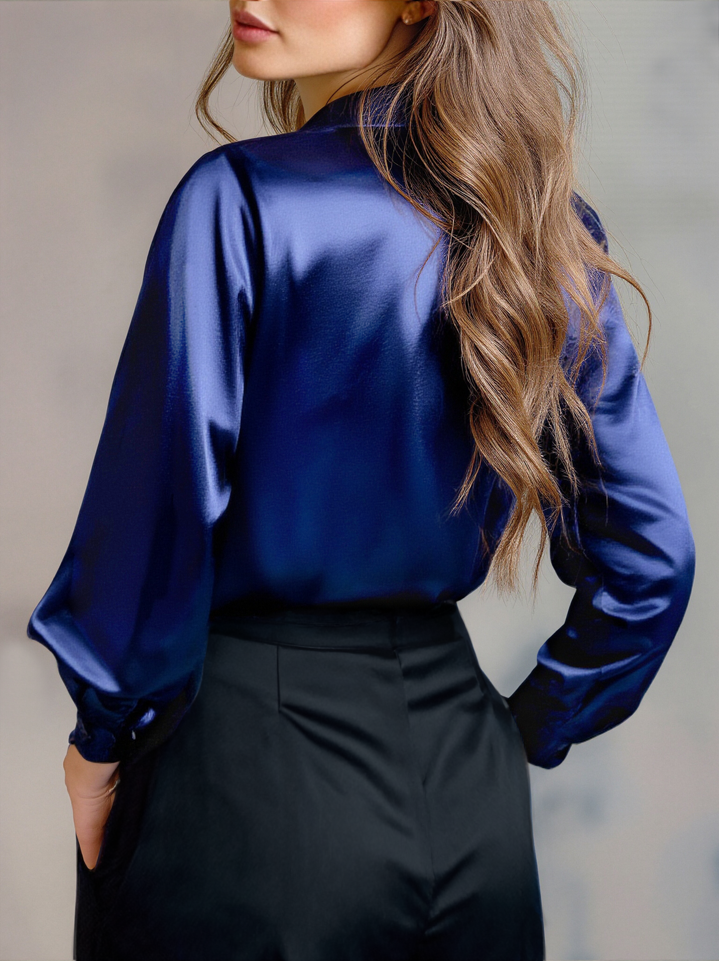 Chic Navy Silk Long Sleeves Top