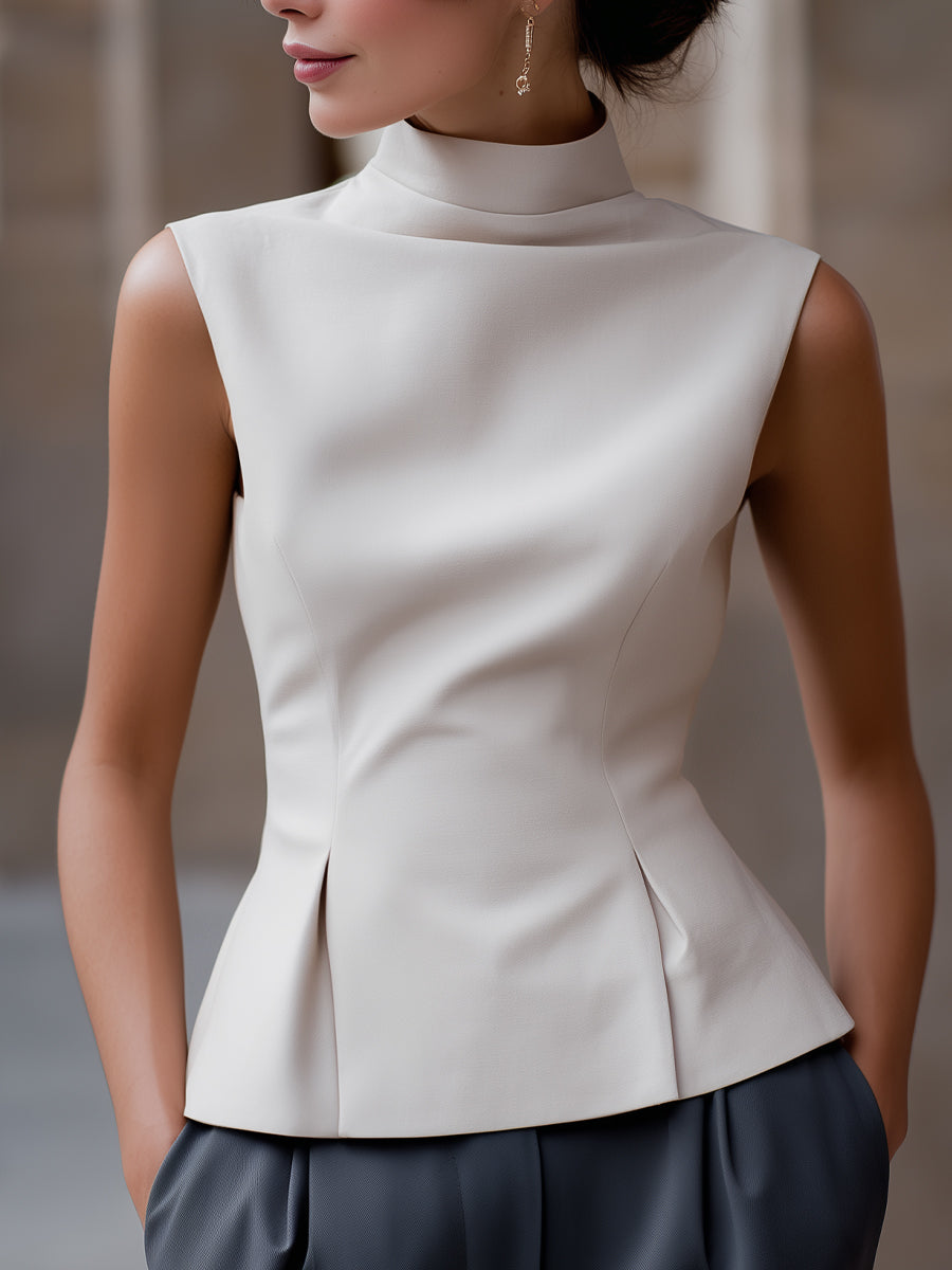 Cap Sleeve Mock Neck A-Line Cut Structured Top