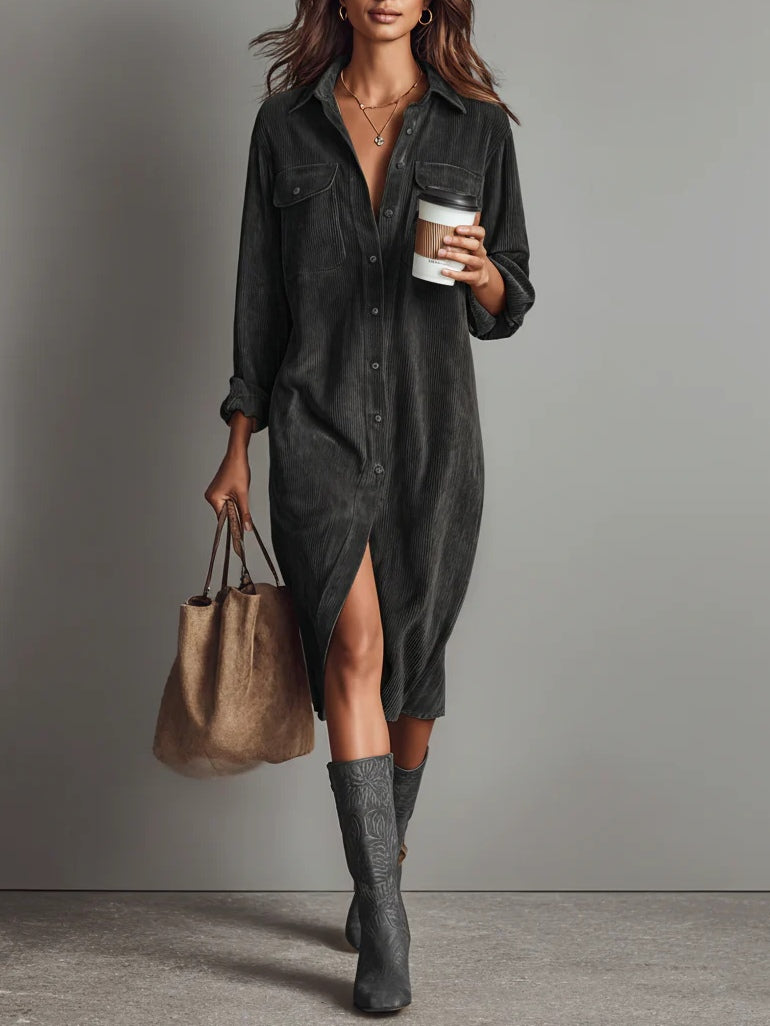 Jessy - Relaxed Fit Corduroy Double Pocket Button-Up Midi Dress