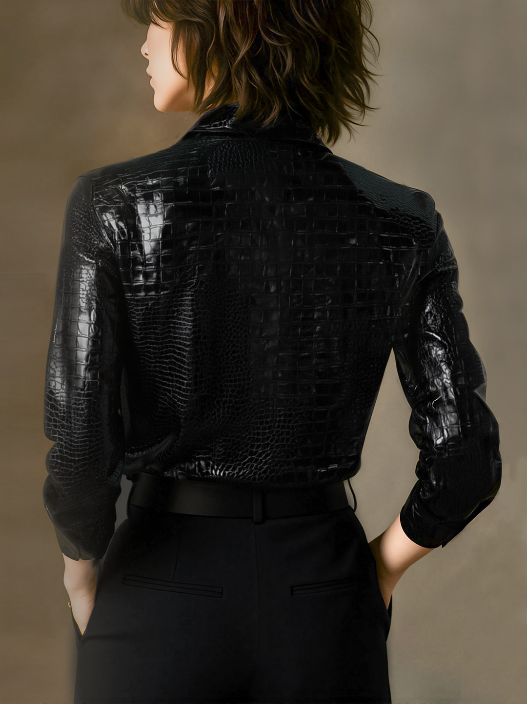 Shiny Black Alligator Patterned Blouse