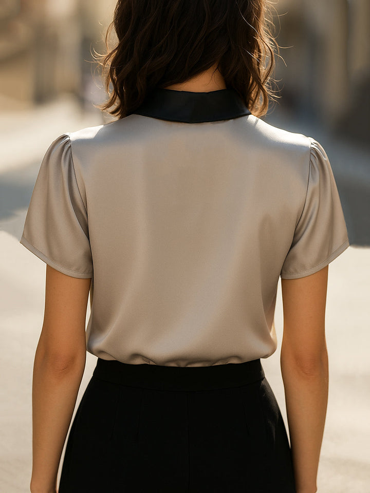 Two-Tone Collar Silk Keyhole Top