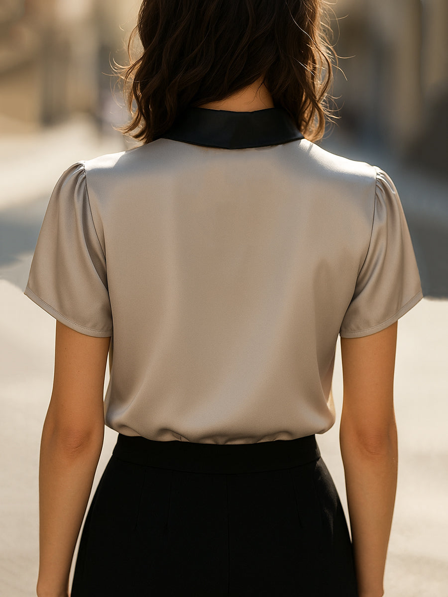 Two-Tone Collar Silk Keyhole Top
